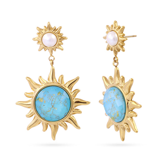 Boucles d'oreilles pendantes femme acier doré soleil turquoise