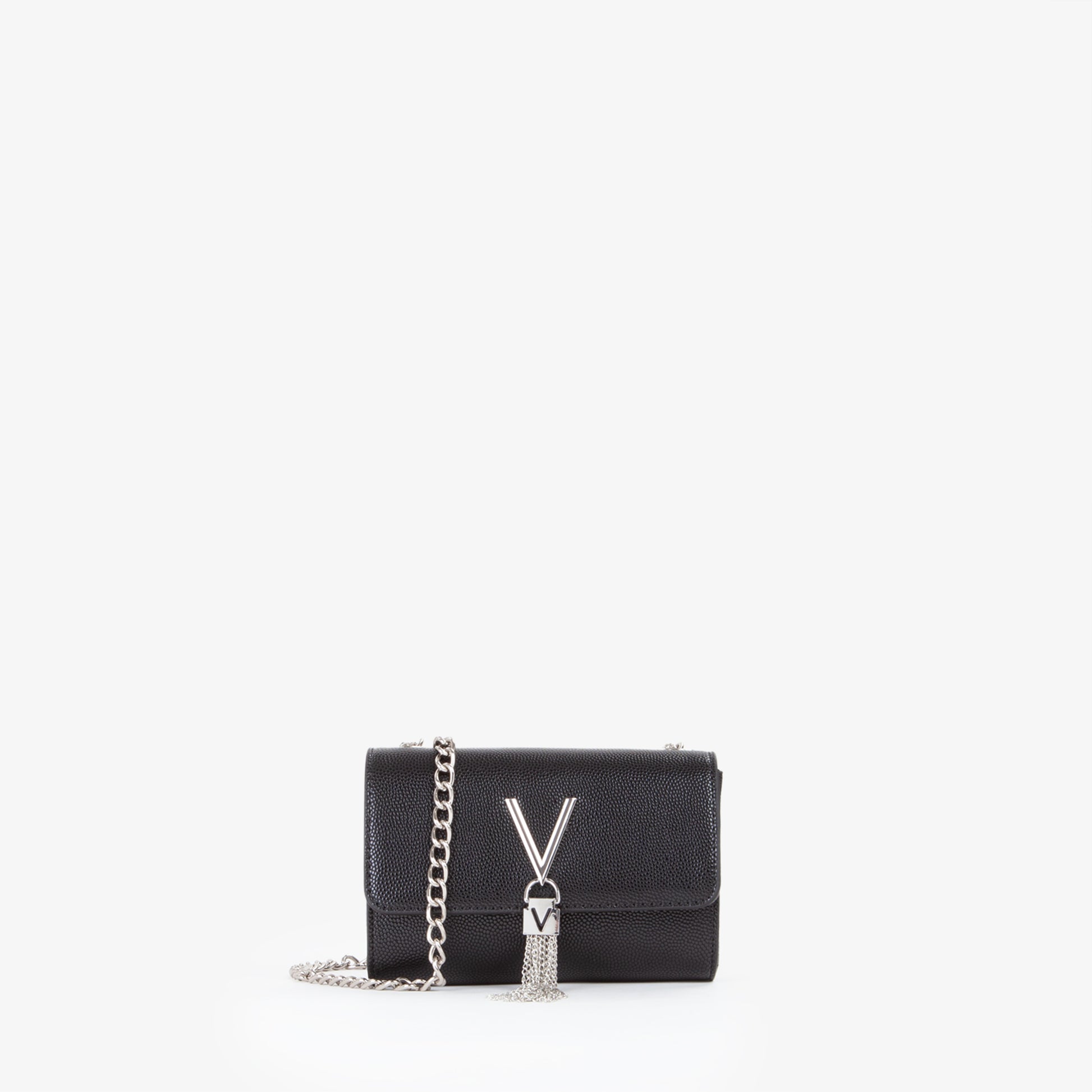 Sac pochette femme noir grainé chaîne argentée pompon