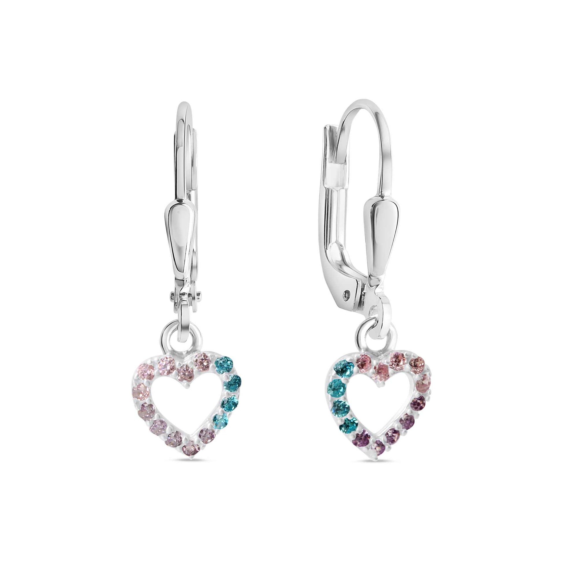 BOUCLES D'OREILLES ARGENT RHODIE - PENDANTE - COEUR - ZIRCONIA MULTICOLORE