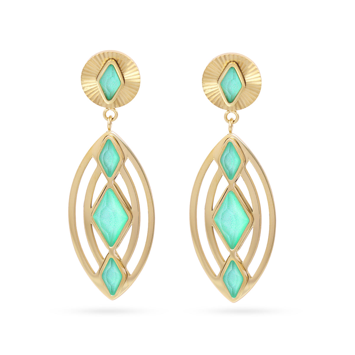 BOUCLES D'OREILLES - ACIER DORE - PIERRES SYNTHETIQUES VERT