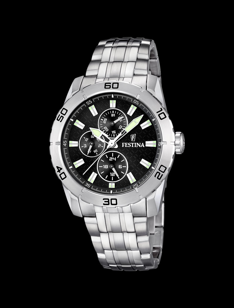 MONTRE NOIR, BRACELET EN ACIER, HOMME