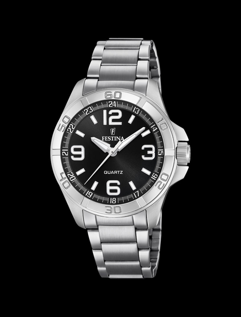 MONTRE NOIR, BRACELET EN ACIER, HOMME