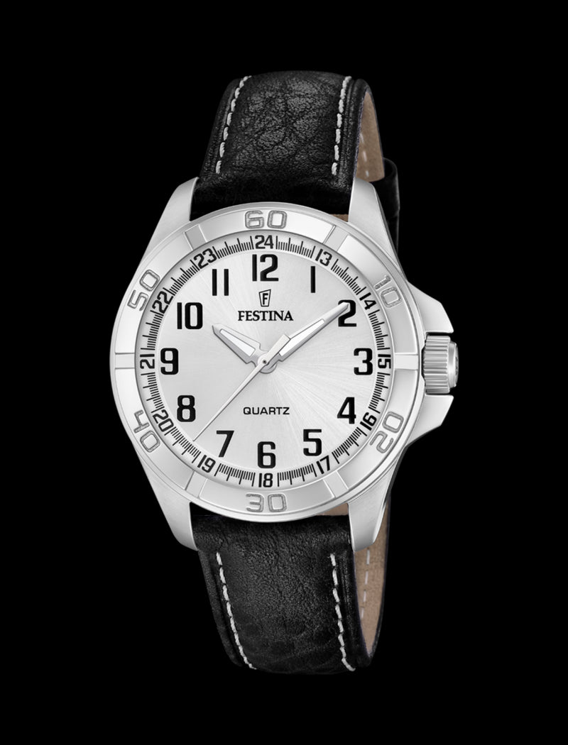 MONTRE ARGENTÉ, BRACELET CUIR, HOMME