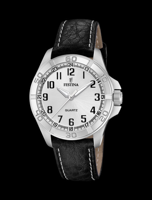 MONTRE ARGENTÉ, BRACELET CUIR, HOMME