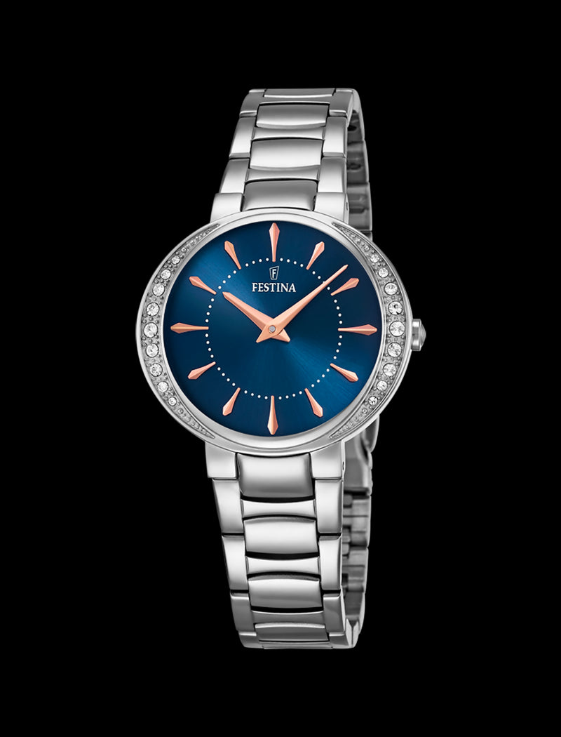 MONTRE BLEU, BRACELET ACIER INOXYDABLE, FEMME