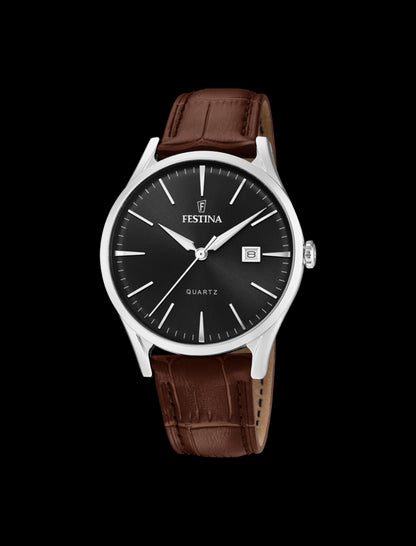 MONTRE NOIR, BRACELET CUIR, HOMME