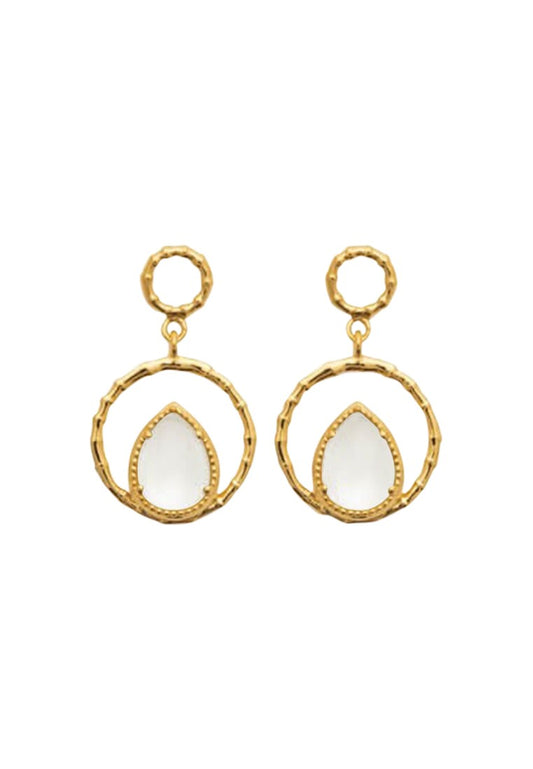 BOUCLES d'orilles   Plaqué or - PIERRE DE LUNE BLANCHE - RONDS