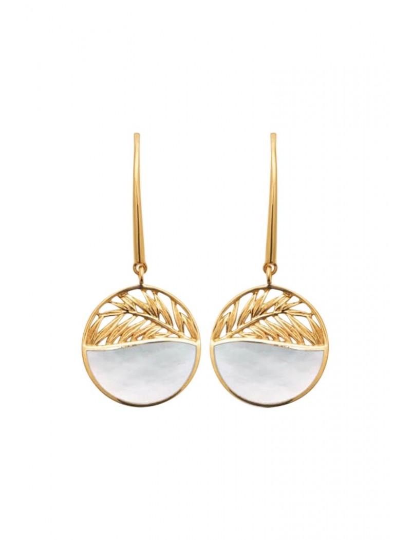 BOUCLE d'orilles PENDANTE   Plaqué or - NACRE - FEUILLE