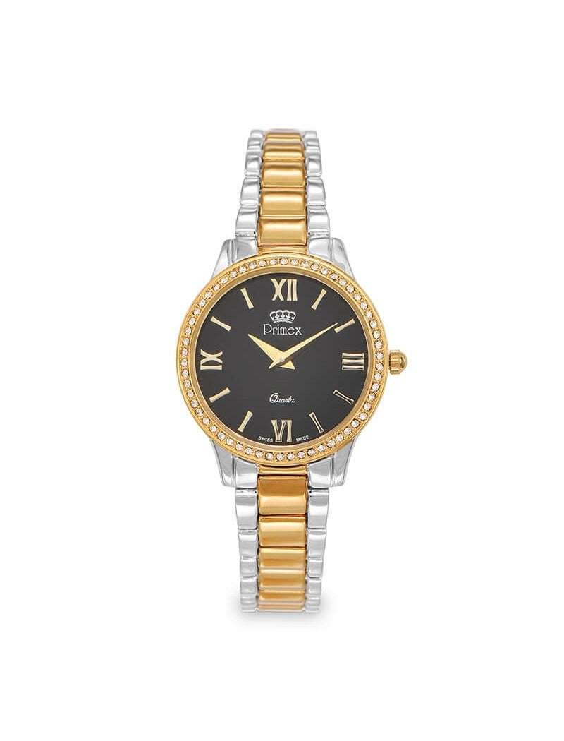 MONTRE DAME PRIMEX SWISS MADE - BRACELET METAL BICOLORE -  CADRAN NOIRE - ETANCHE 30M