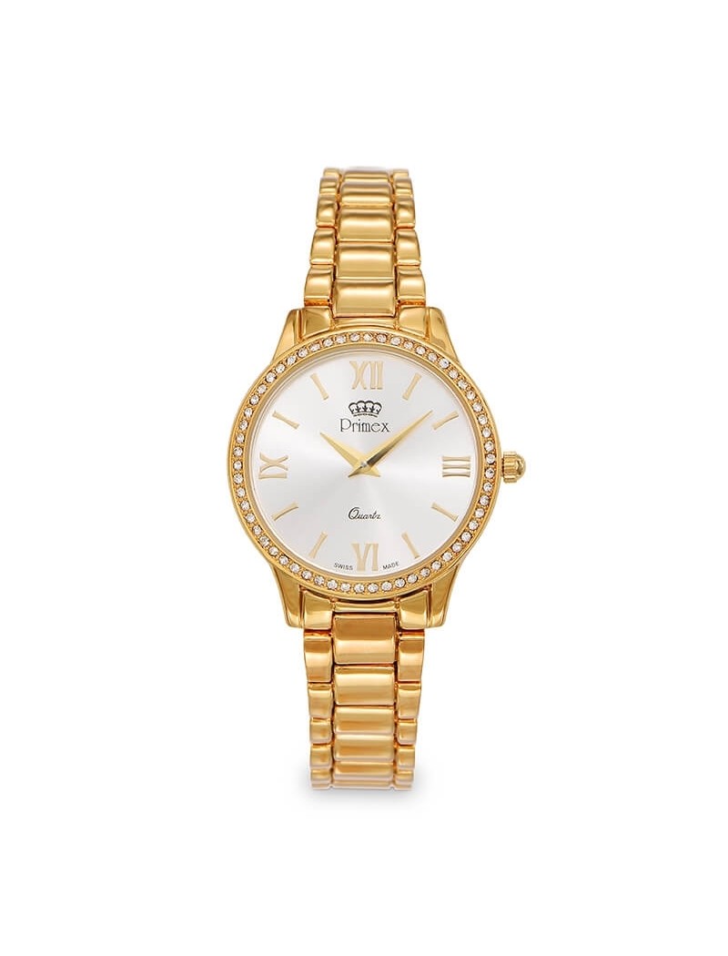 MONTRE DAME PRIMEX SWISS MADE - BRACELET METAL DORE -  CADRAN ARGENTE - ETANCHE 30M