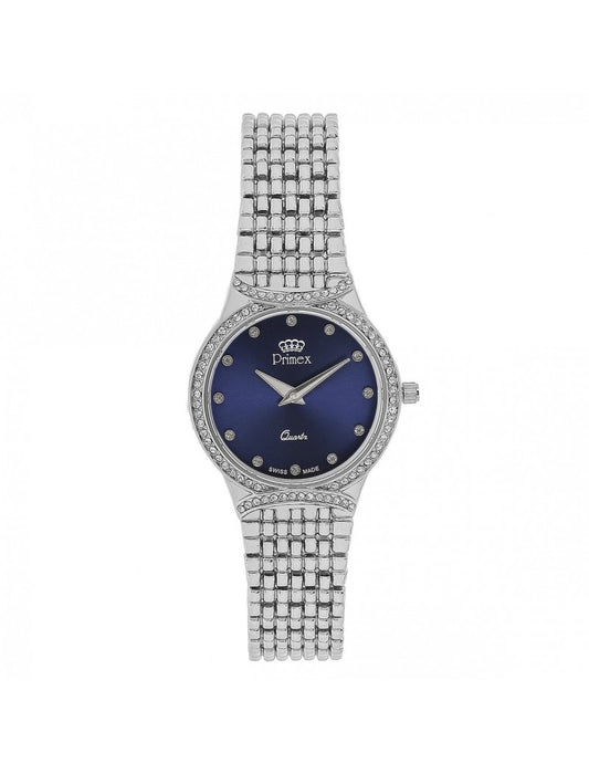 MONTRE DAME PRIMEX SWISS MADE - BRACELET METAL ARGENTE - CADRAN BLEU