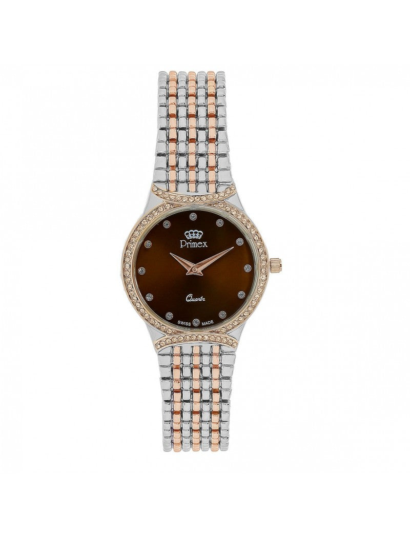 MONTRE DAME PRIMEX SWISS MADE - BRACELET METAL BICOLORE ROSE - CADRAN BRUN