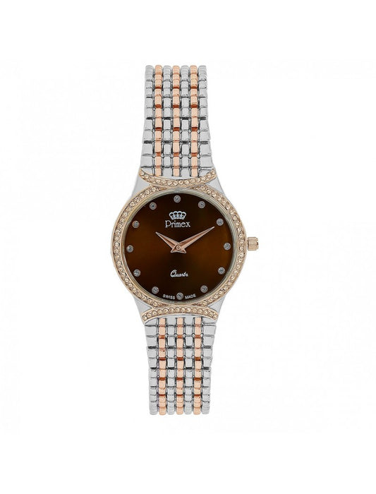 MONTRE DAME PRIMEX SWISS MADE - BRACELET METAL BICOLORE ROSE - CADRAN BRUN