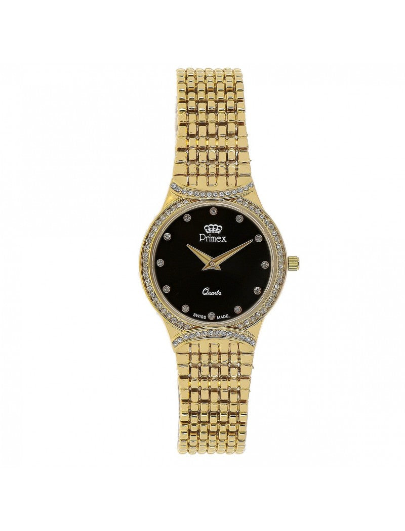 MONTRE DAME PRIMEX SWISS MADE - BRACELET METAL DORE - CADRAN NOIR