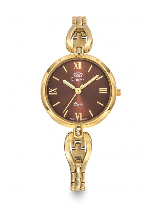 MONTRE DAME PRIMEX SWISS MADE BRACELET METAL DORE CADRAN CHOCOLAT ETANCHE 30 M