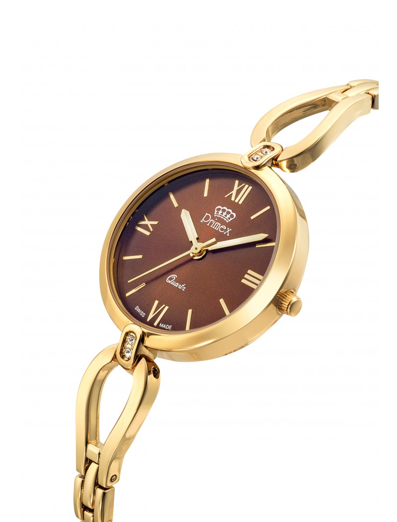 MONTRE DAME PRIMEX SWISS MADE BRACELET METAL DORE CADRAN CHOCOLAT ETANCHE 30 M