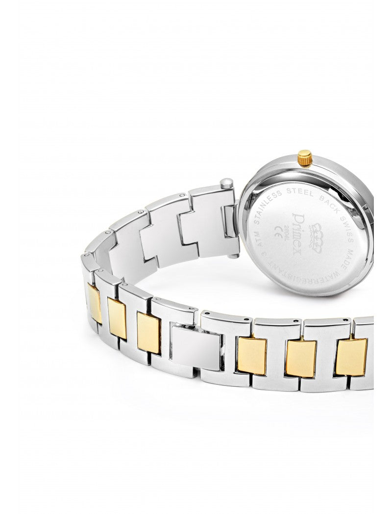 MONTRE DAME PRIMEX SWISS MADE BRACELET METAL BICOLORE DORE CADRAN ARGENTE ETANCHE 30 M