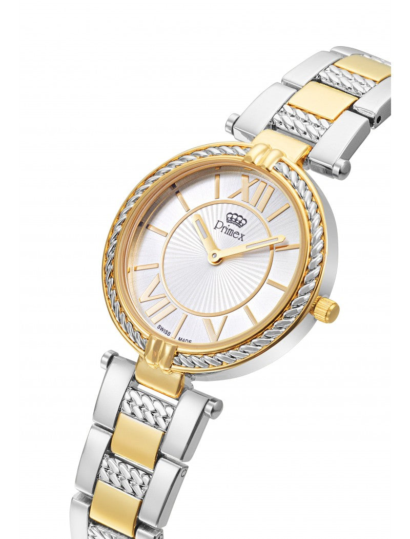 MONTRE DAME PRIMEX SWISS MADE BRACELET METAL BICOLORE DORE CADRAN ARGENTE ETANCHE 30 M