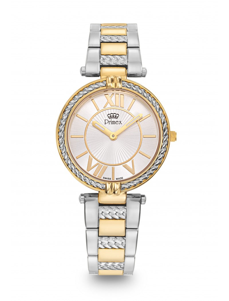 MONTRE DAME PRIMEX SWISS MADE BRACELET METAL BICOLORE DORE CADRAN ARGENTE ETANCHE 30 M