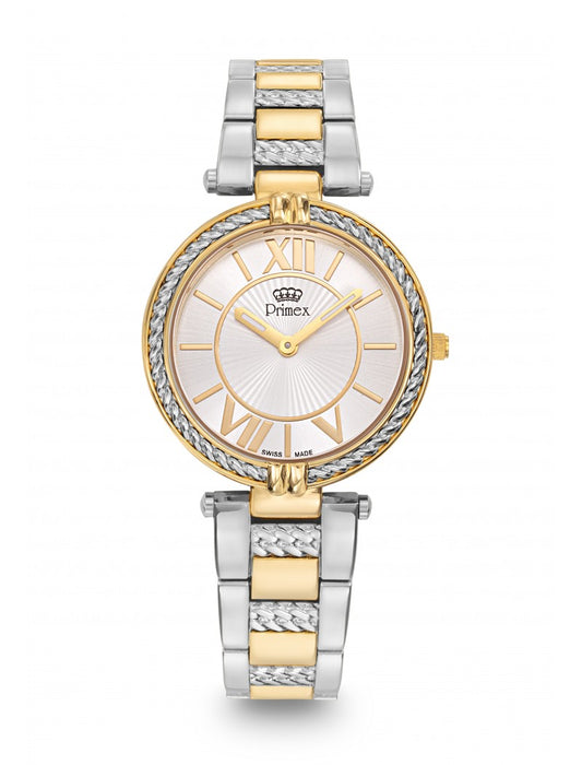 MONTRE DAME PRIMEX SWISS MADE BRACELET METAL BICOLORE DORE CADRAN ARGENTE ETANCHE 30 M