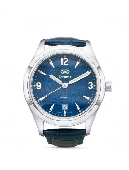 MONTRE PRIMEX SWISS MADE - BRACELET CUIR BLEU - CADRAN BLEU - ETANCHE 50 M
