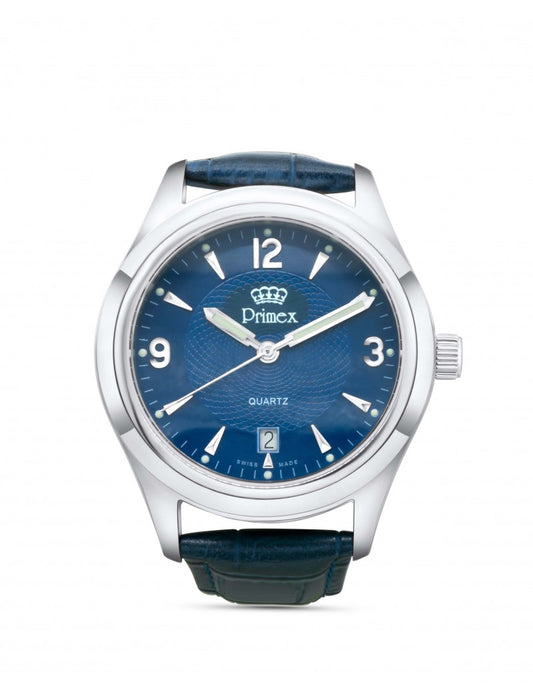 MONTRE PRIMEX SWISS MADE - BRACELET CUIR BLEU - CADRAN BLEU - ETANCHE 50 M