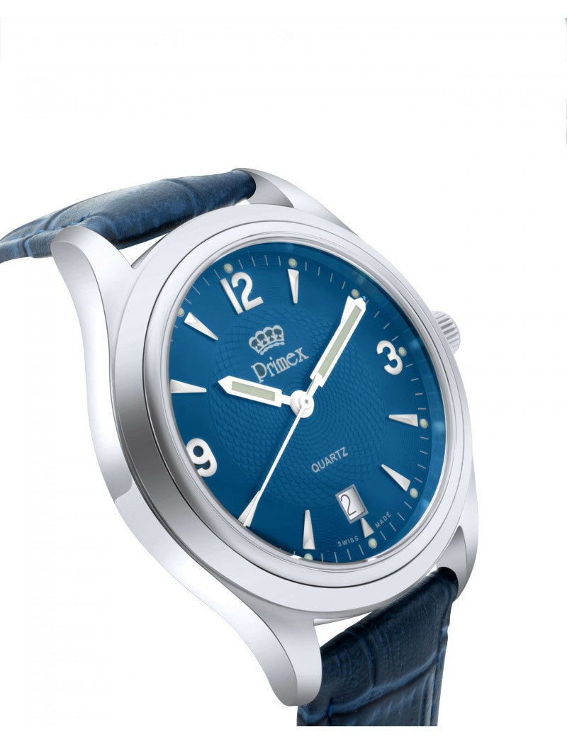 MONTRE PRIMEX SWISS MADE - BRACELET CUIR BLEU - CADRAN BLEU - ETANCHE 50 M