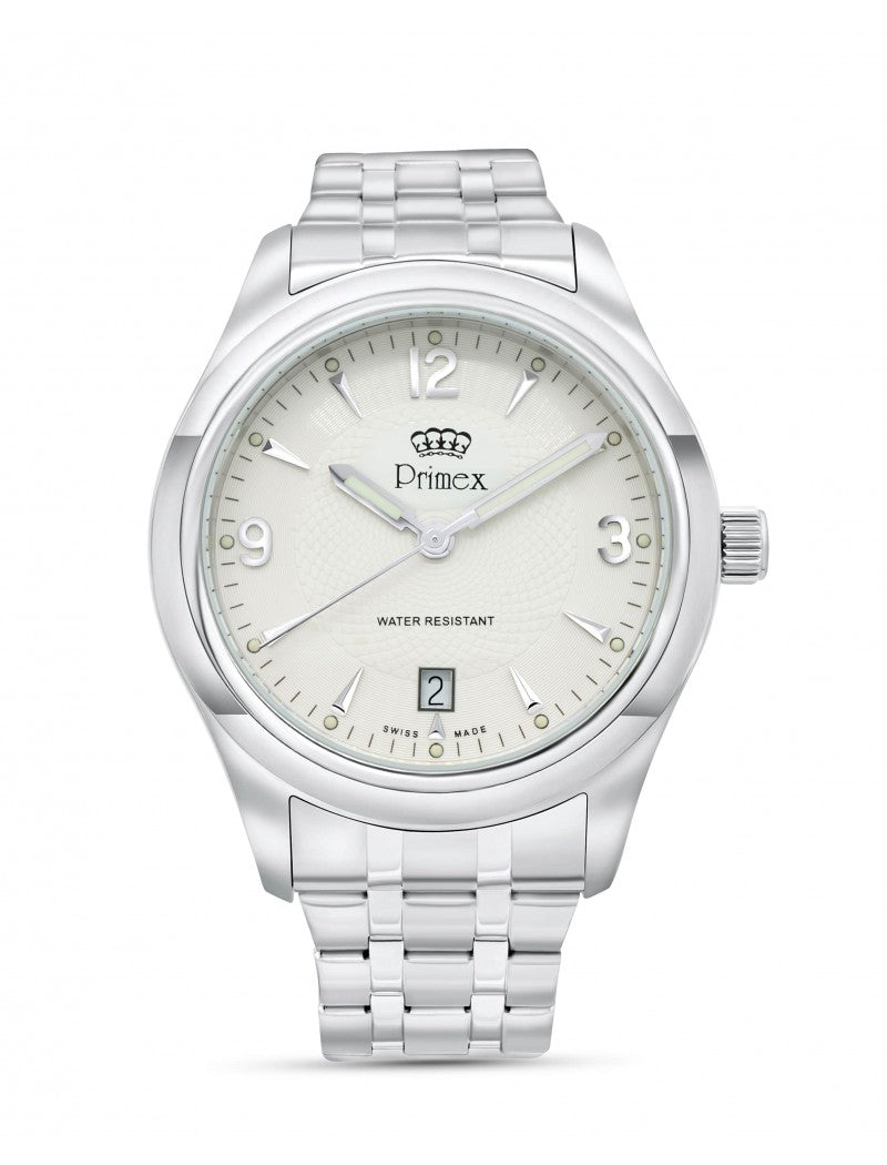 MONTRE PRIMEX SWISS MADE - BRACELET METAL ARGENTE - CADRAN BLANC - ETANCHE 50 M