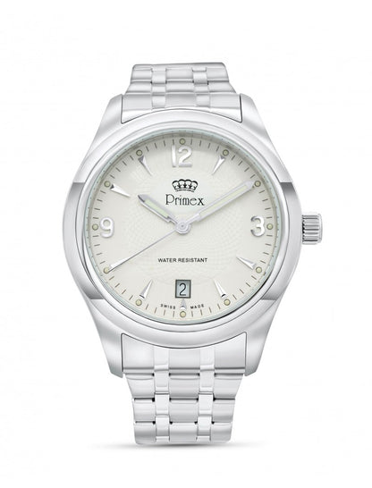 MONTRE PRIMEX SWISS MADE - BRACELET METAL ARGENTE - CADRAN BLANC - ETANCHE 50 M