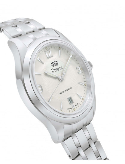 MONTRE PRIMEX SWISS MADE - BRACELET METAL ARGENTE - CADRAN BLANC - ETANCHE 50 M