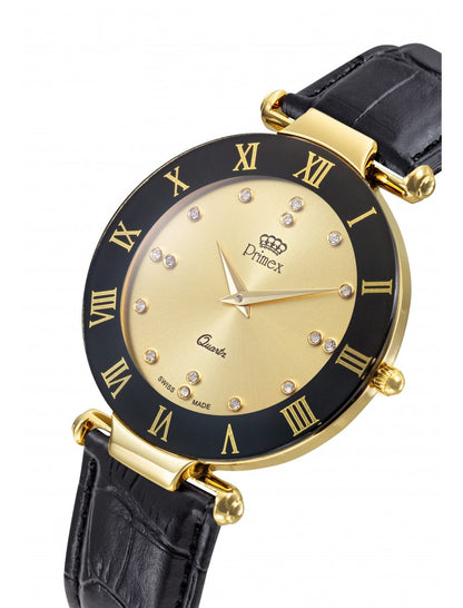 MONTRE DAME PRIMEX SWISS MADE BRACELET CUIR NOIR CADRAN DORE ETANCHE 30 M GRANDE