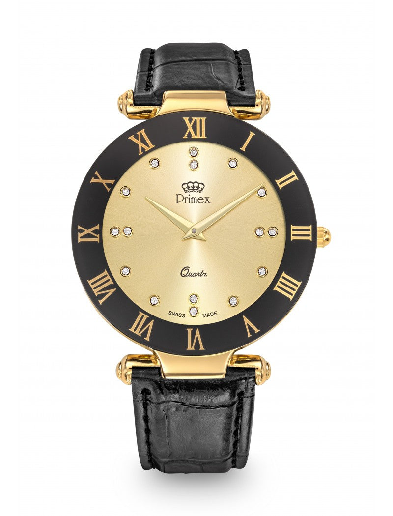 MONTRE DAME PRIMEX SWISS MADE BRACELET CUIR NOIR CADRAN DORE ETANCHE 30 M GRANDE