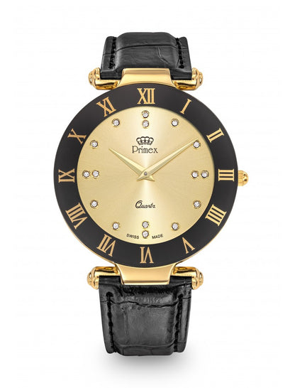 MONTRE DAME PRIMEX SWISS MADE BRACELET CUIR NOIR CADRAN DORE ETANCHE 30 M GRANDE