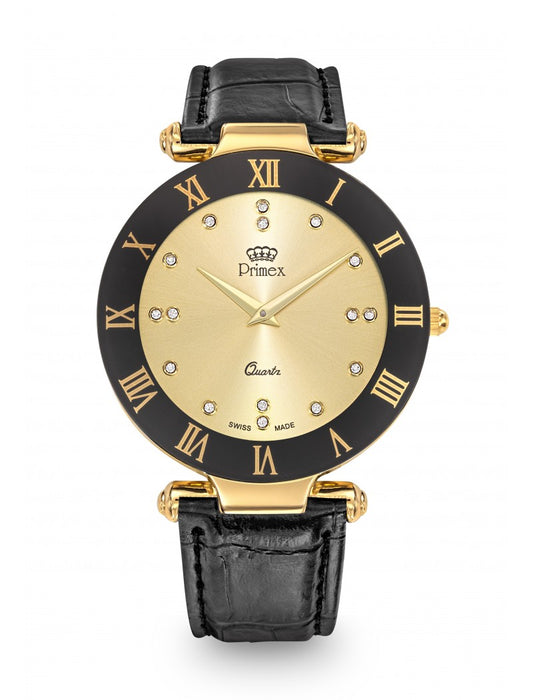 MONTRE DAME PRIMEX SWISS MADE BRACELET CUIR NOIR CADRAN DORE ETANCHE 30 M GRANDE