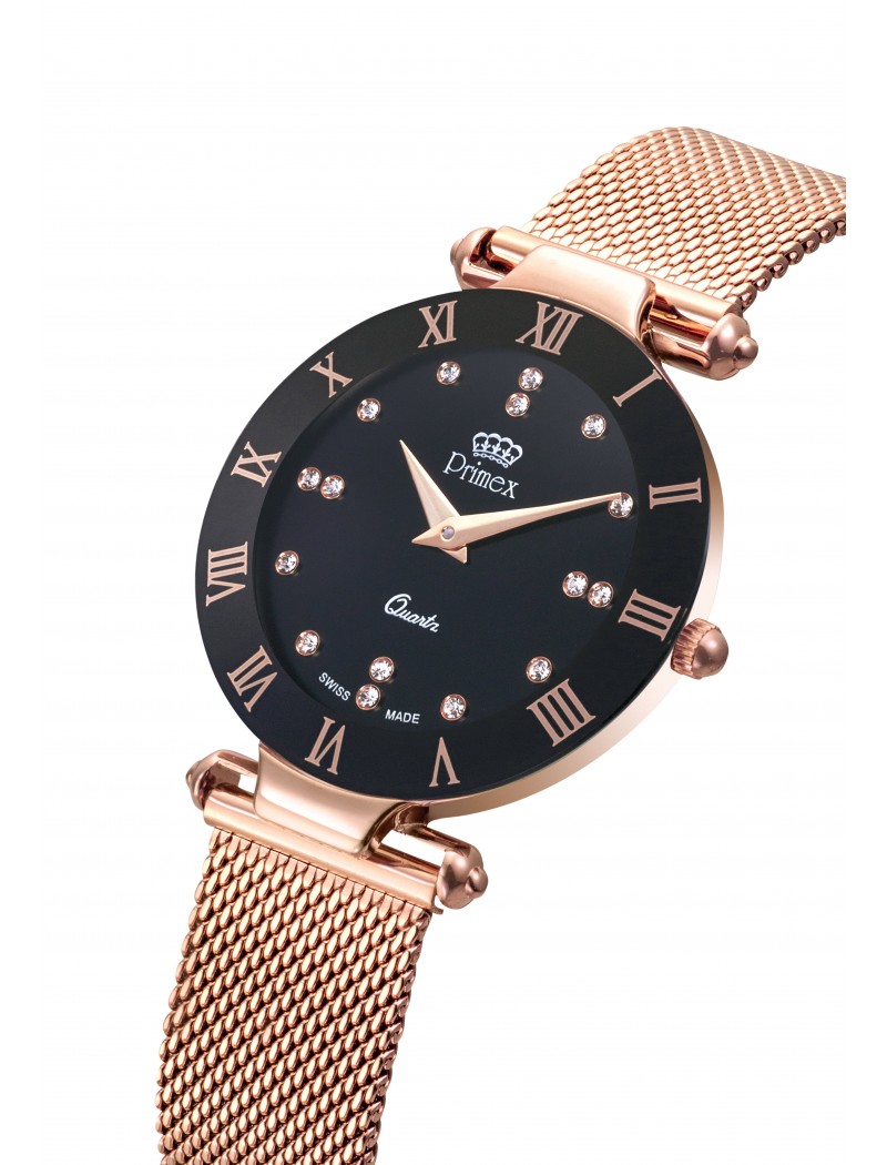 MONTRE DAME SWISS MADE BRACELET METAL ROSE CADRAN NOIR ETANCHE 30 M PETITE