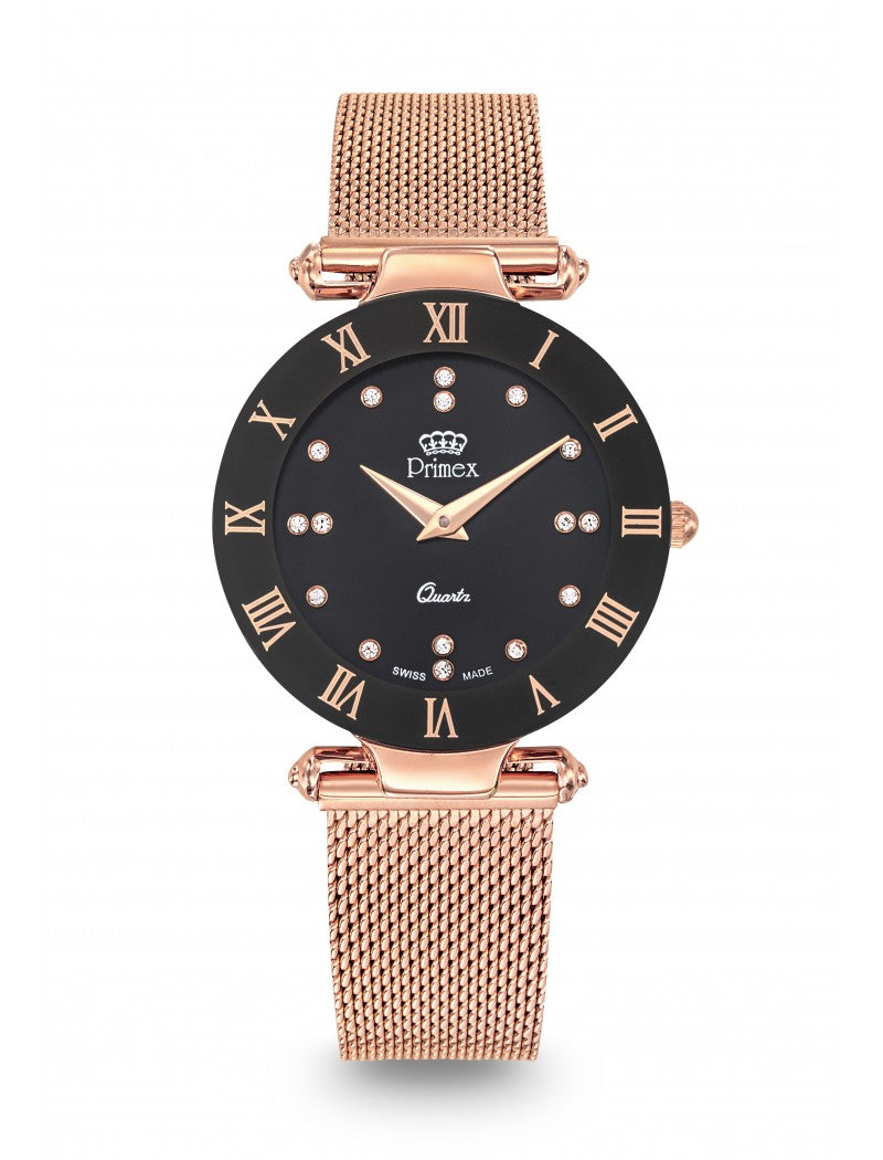 MONTRE DAME SWISS MADE BRACELET METAL ROSE CADRAN NOIR ETANCHE 30 M PETITE