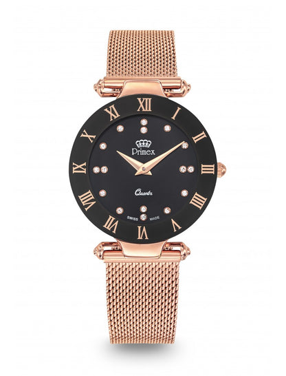 MONTRE DAME SWISS MADE BRACELET METAL ROSE CADRAN NOIR ETANCHE 30 M PETITE