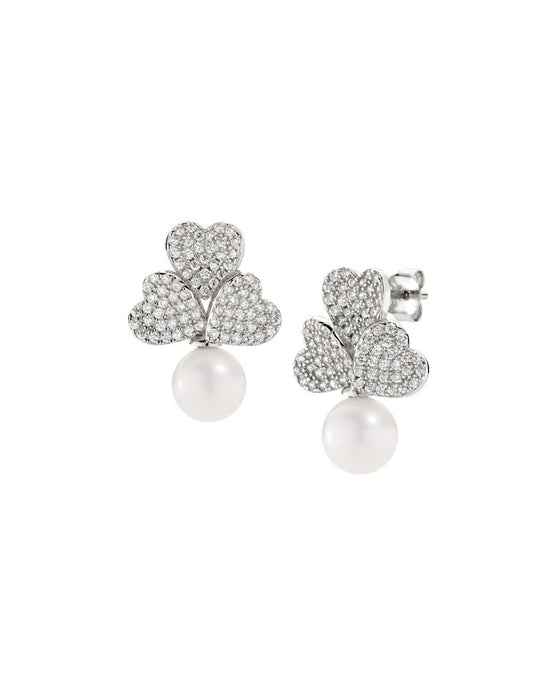 Boucles d'oreilles en argent sterling avec zircone blanche et perle - Rhodium