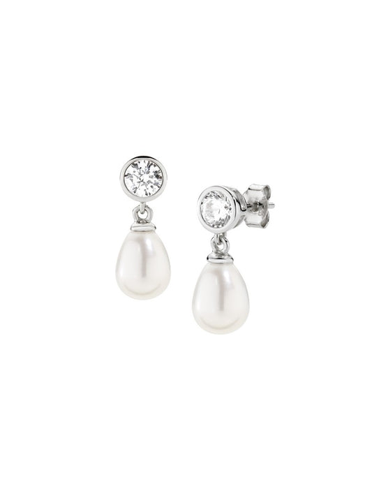 Boucles d'oreilles en argent sterling avec zircones blanches et perles naturelles - Rhodium